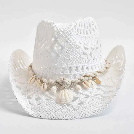 Beachy Seashell Straw Hat White