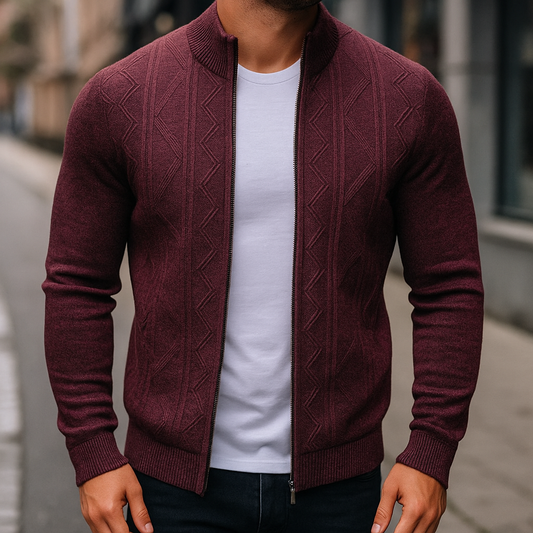 Men's Oversized Textured Wool Knit Relaxed Fit Cardigan Burgundy