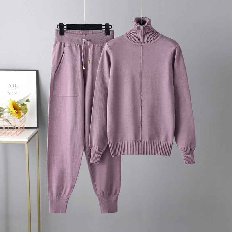 Cotton Turtleneck Relaxed Drawstring Cream Winter Ribbed Trim Violet