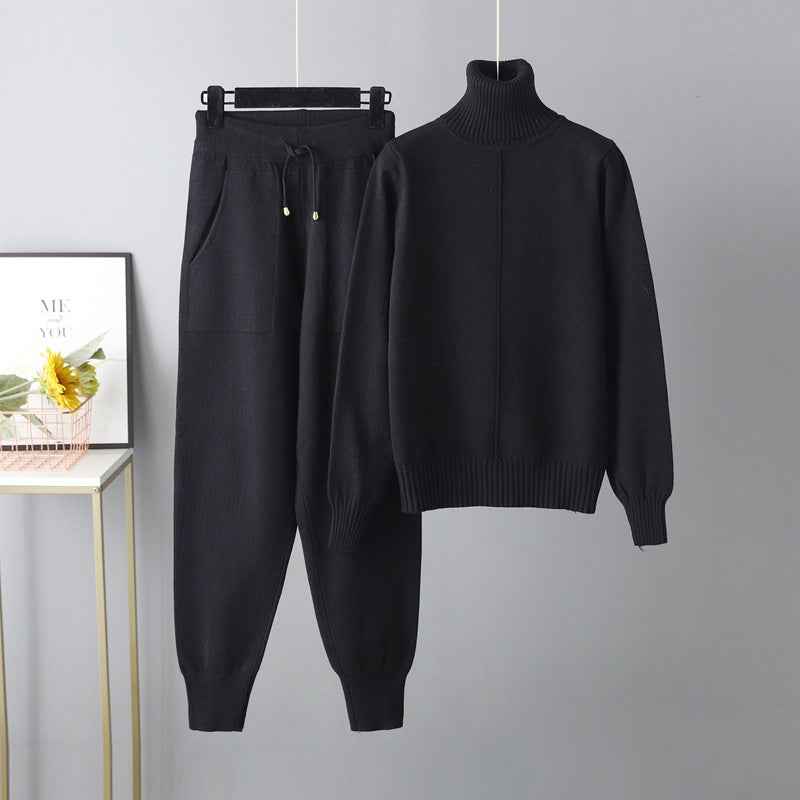 Cotton Turtleneck Relaxed Drawstring Cream Winter Ribbed Trim Black