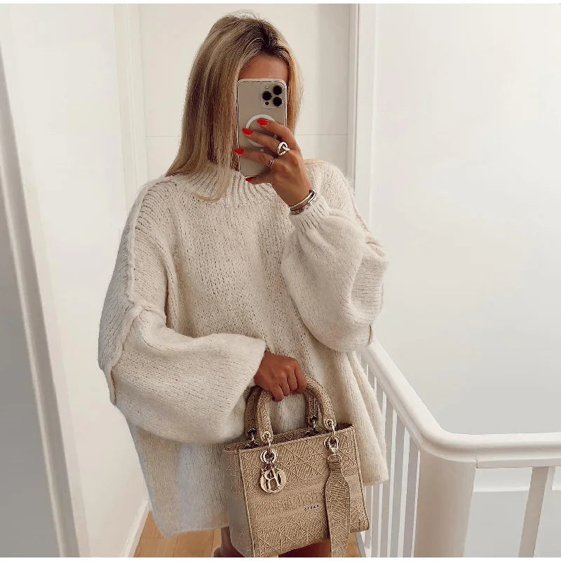 Women's Fluffy Oversized Knit Sweater White