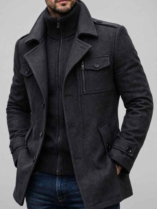 Men's Woven Stand Collar Ribbed Chest Pocket Side Pockets Solid Jacket Gray