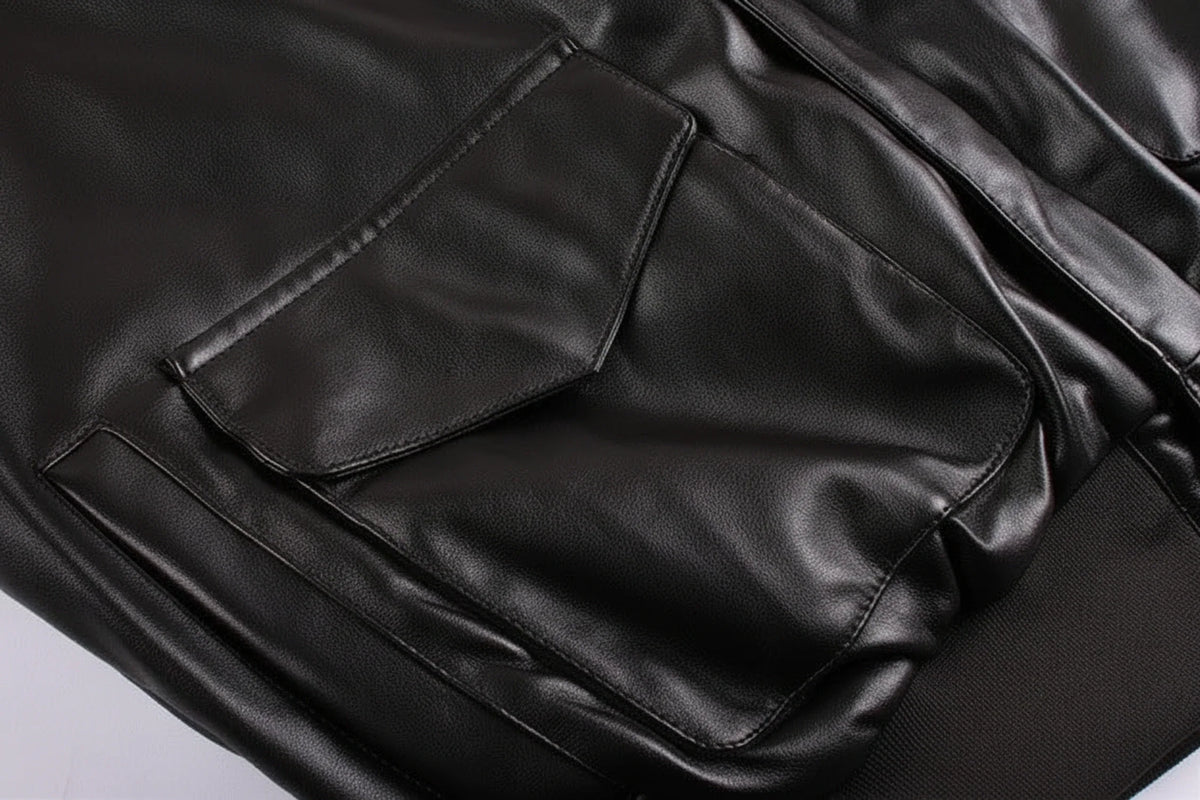 Men's Leather Jacket Pockets Black Winter Ribbed Trim Zip Closure