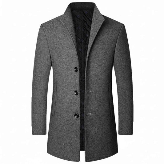 Men's Button Front Notch Lapel Mid Length Brown Winter Coat Grey