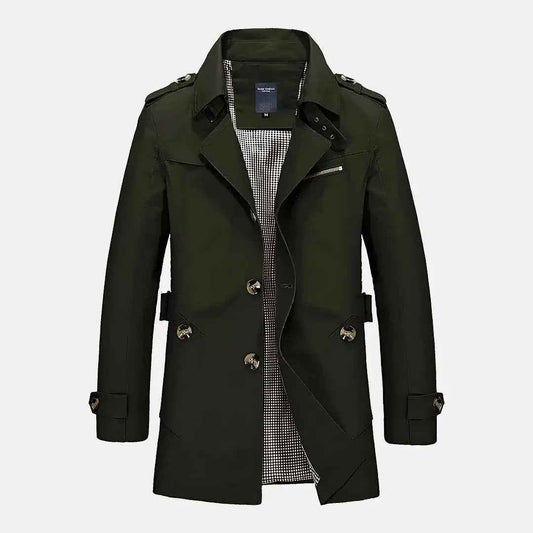 Men's Lightweight Flip Collar Button Front Spring Trench Coat Dark Green
