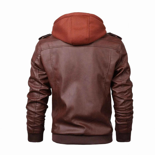 Men's Faux Leather Hooded Ribbed Cuffs Jacket Winter Essential