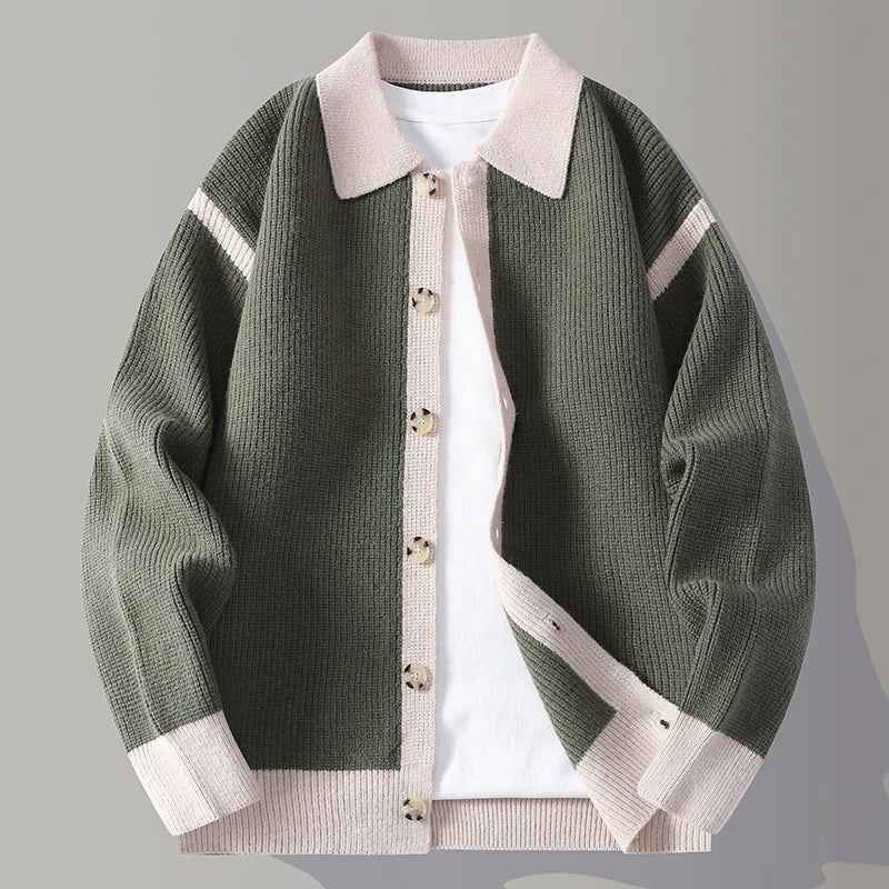 Men's Polyester Cardigan Relaxed Pockets Green Winter Button Closure