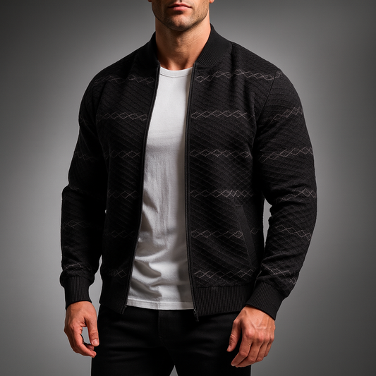 Men's Polyester Relaxed Fit Textured Stand Collar Ribbed Hem Cardigan Coffee Brown