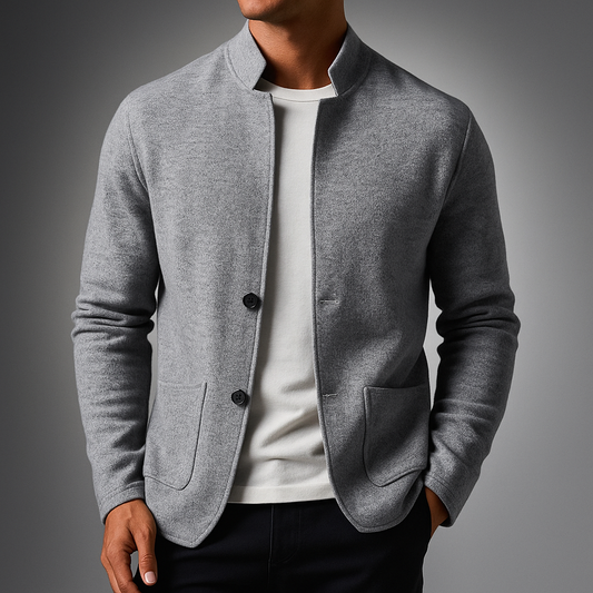 Men's Black Knit Mandarin Collar Two Button Pocket Cardigan Gray