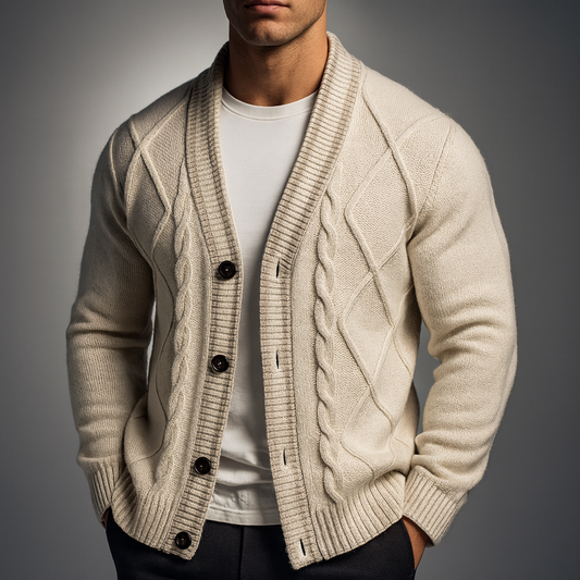 Men's Black Cable Knit Button Front Contrast Stripe Cardigan
