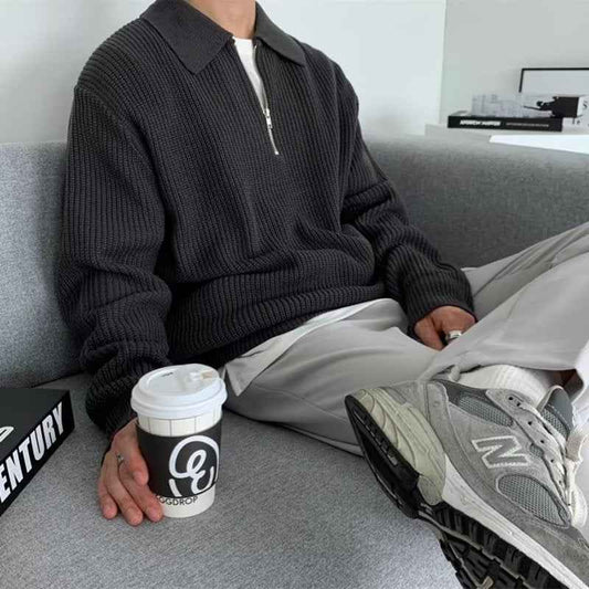 Men's Black Breathable Knit Zip Front Ribbed Trim Sweater