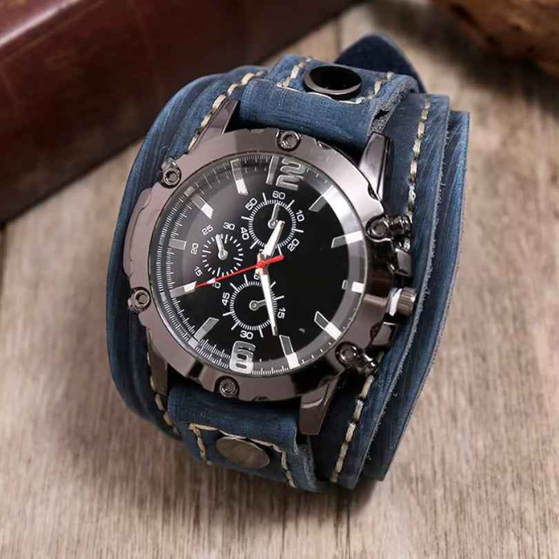 Men's Leather Watch with Rugged Armor Design Blue