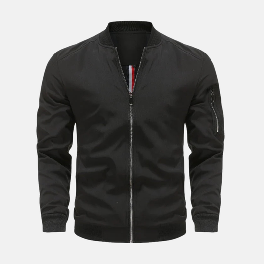 Men's Woven Bomber Zipper Pockets Solid Black Winter Jacket Black