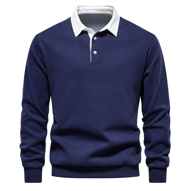 Men's Cotton Polo Shirt Slim Fit Dark Blue Black Long Sleeve Dark Blue