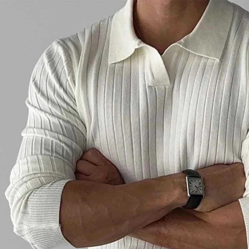 Men's Striped Polo Shirt Brown Black Long Sleeve V-Neck