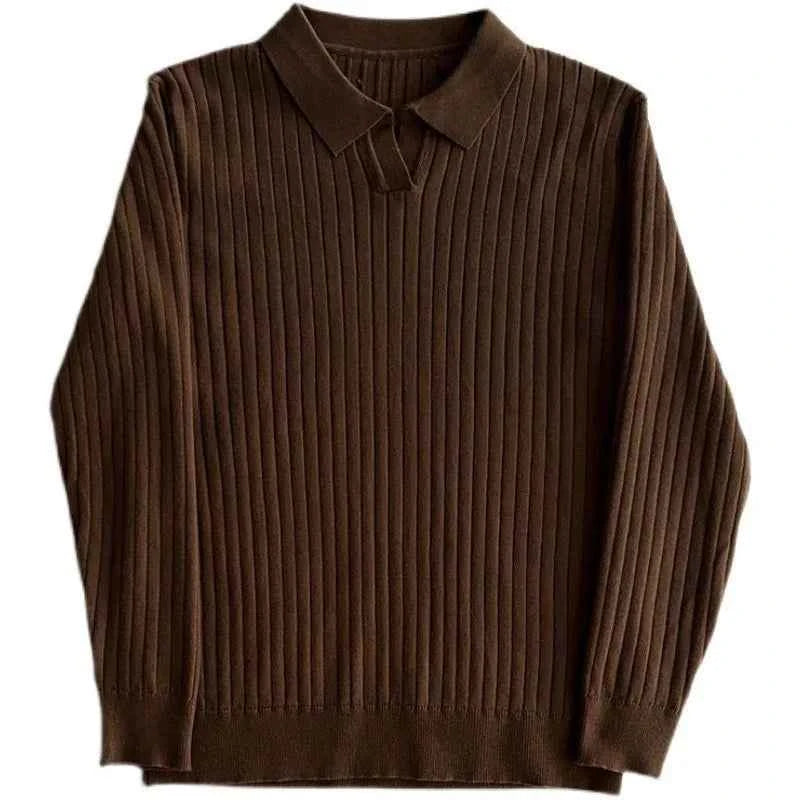 Men's Striped Polo Shirt Brown Black Long Sleeve V-Neck
