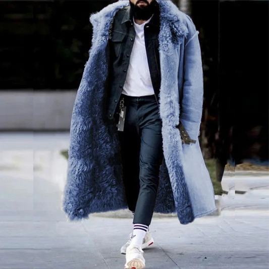 Men's Oversized Long Coat – Wool Blend – Hooded – Plush Lining – Toggle Closure Blue