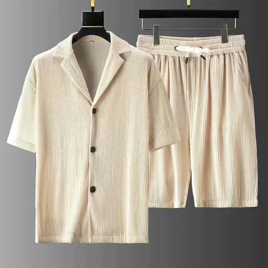 Men's Polo and Shorts Set – Relaxed Fit – Ribbed Texture – Breathable Fabric Beige