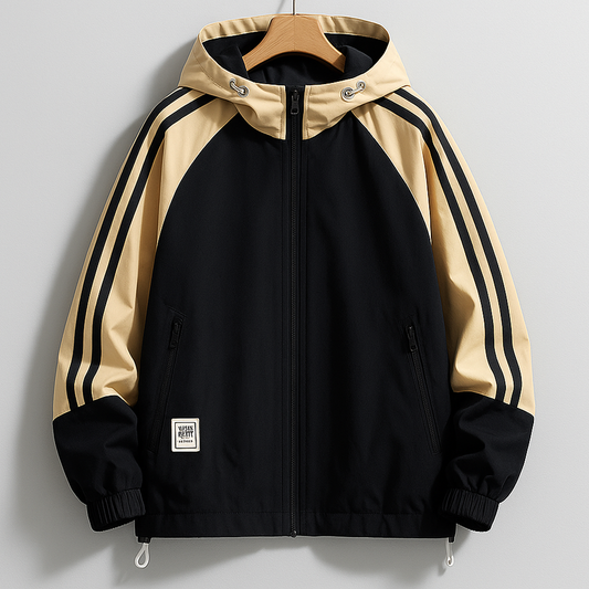 Men's Black Full Zip Drawstring Hood Striped Sleeve Jacket Black