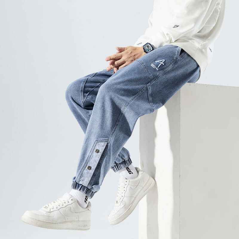 Men's Relaxed Fit Jogging Pants Denim Style Drawstring & Elastic Cuffs