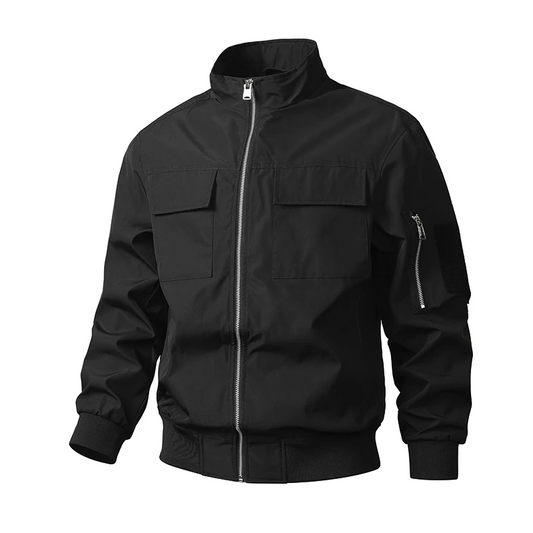 Men's Woven Slim Fit Bomber Ribbed Collar Solid Beige Winter Jacket Black