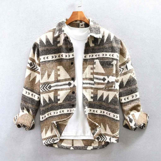 Men's Southwestern Style Aztec Print Shirt Jacket Light Brown