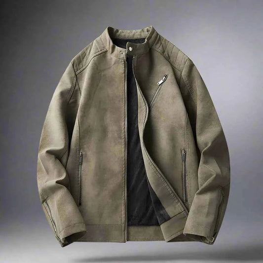 Men's Suede Polyester Stand Collar Pockets Solid Brown Winter Jacket Green