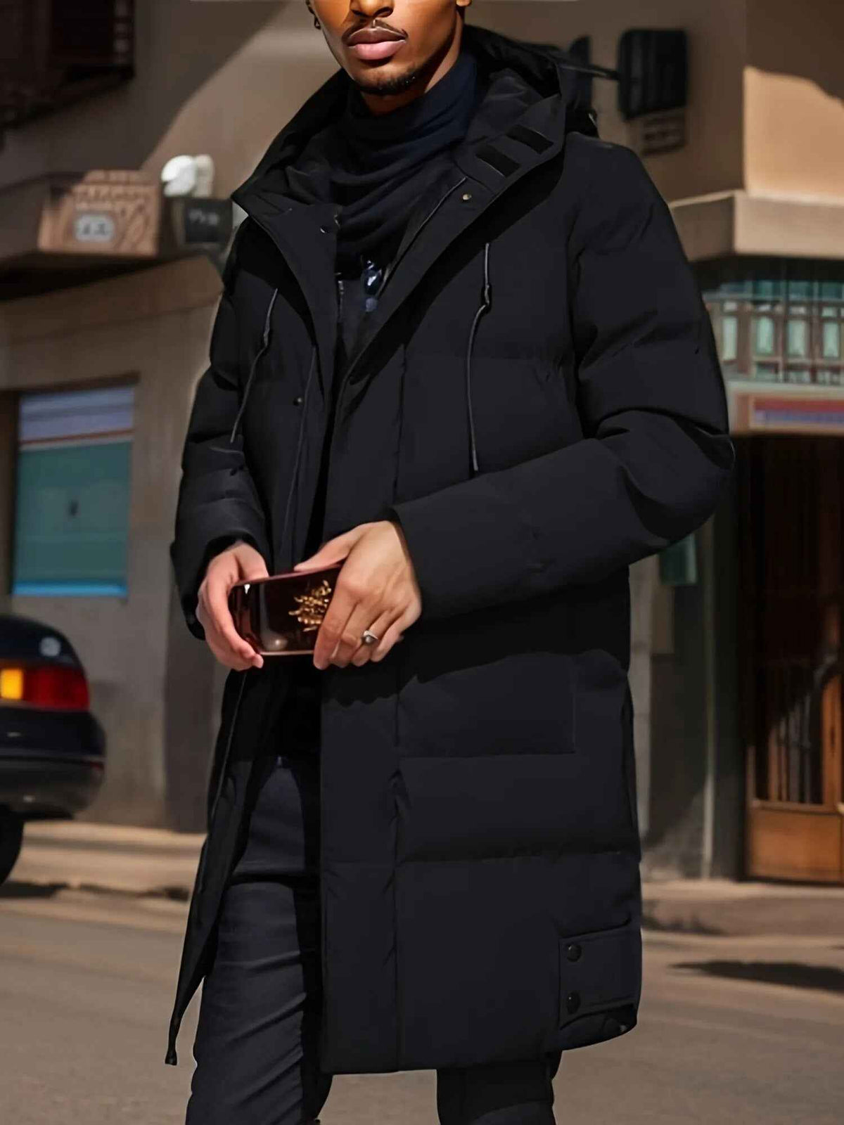 Men's Water-Repellent Long Puffer Jacket with Hood Lined Fit Black