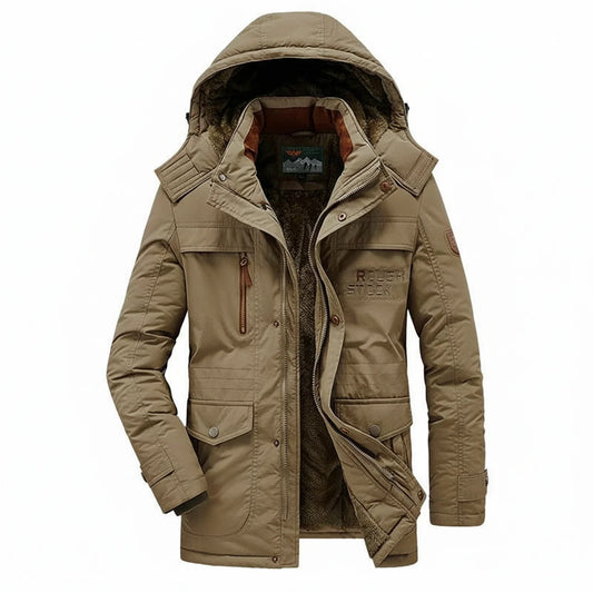 Men's Polyester Hooded Mid-length Jacket Winter Essential Brown