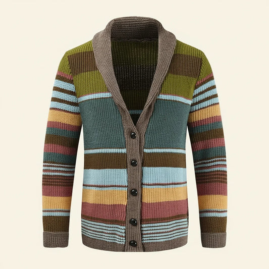 Men's Blue Striped Shawl Collar Button Front Winter Cardigan Green