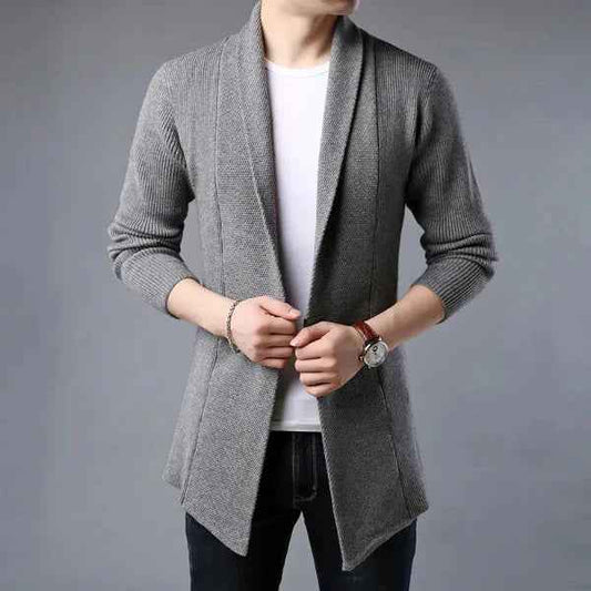 Men's Black Relaxed Fit Open Front Shawl Collar Wool Cardigan Grey