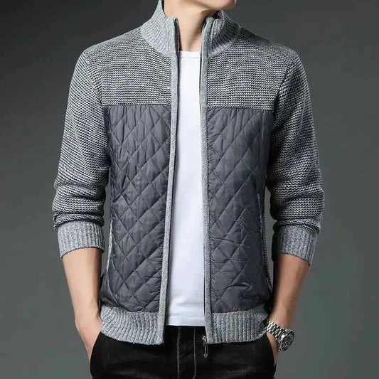 Men's Quilted Textured Knit Ribbed Cuffs Cardigan Winter Light Gray