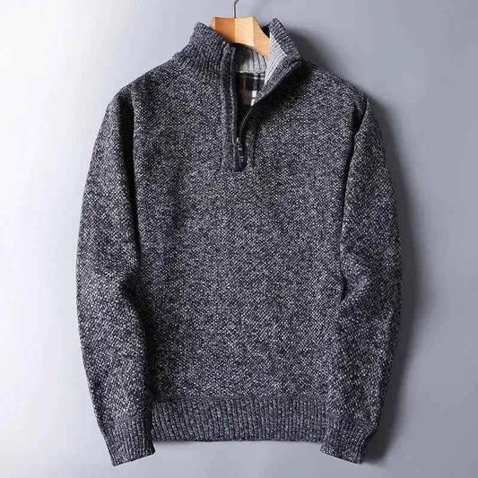 Men's Acrylic Quarter-zip Ribbed Textured Knit Plaid Sweater Dark Gray