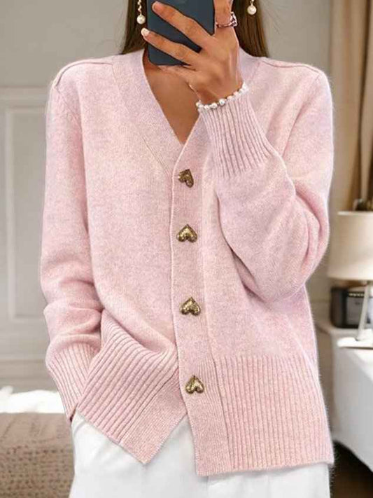Women's Wool V-neck Ribbed Cardigan Winter Essential Knitwear Pink