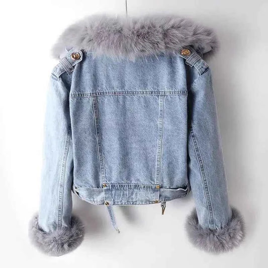 Women's Denim Faux Fur Oversized Collar Cuffs Zipper Solid Jacket
