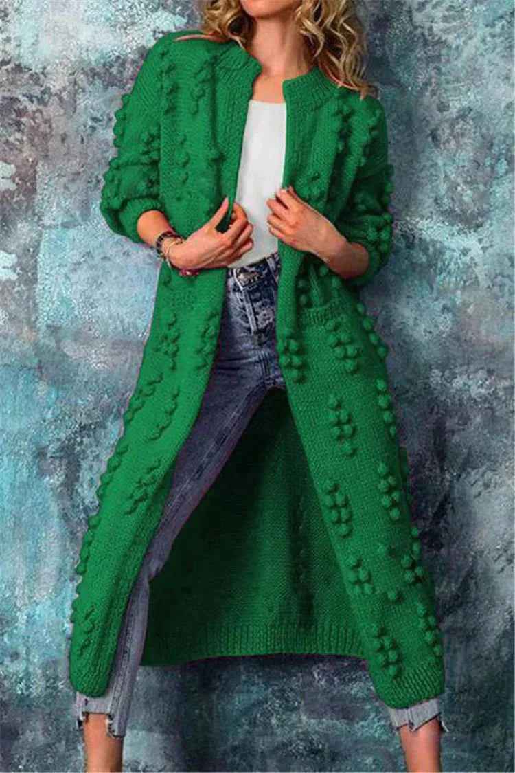 Women's Chunky Knit Long Cardigan Open Front with Pompon Detail Fit Green