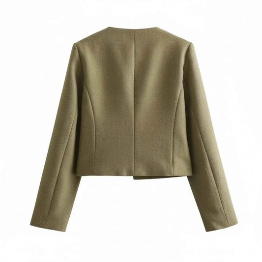 Women's Cropped Button Front Patch Pocket Khaki Winter Blazer