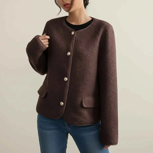 Women's Tweed Button Front Patch Pocket Relaxed Fit Dark Brown Jacket