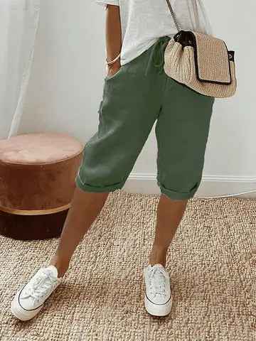 Women's Linen Shorts Relaxed Fit Pockets Green Drawstring Green