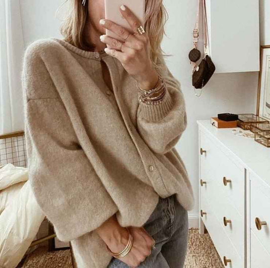 Women's Knit Oversized Relaxed Fit Solid Beige Winter Cardigan Beige
