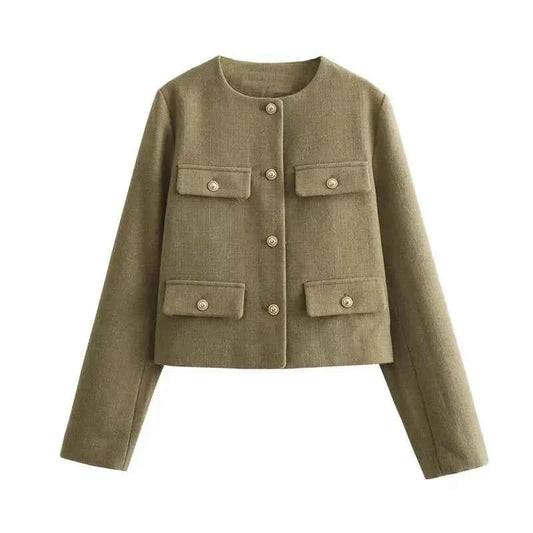 Women's Denim Cropped Button Front Buttons Solid Navy Blue Jacket Khaki
