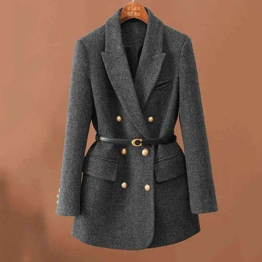 Women's Tweed Double-breasted Herringbone Jacket Winter Gray