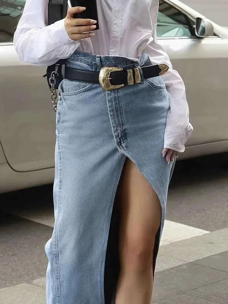 Women's High Waist Denim Maxi Skirt Front Split Style Light Blue