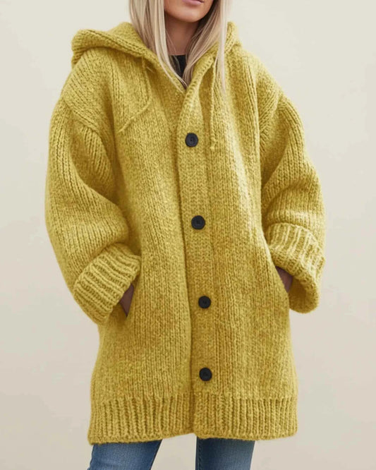 Women's Acrylic Oversized Hooded Button-front Cardigan Winter Yellow