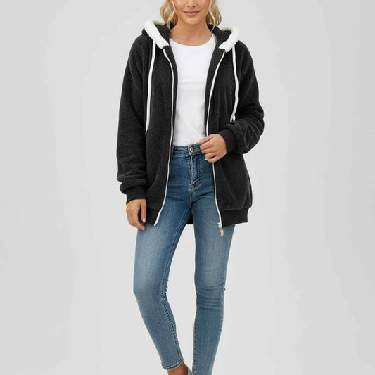 Women's Polyester Relaxed Fit Hooded Zip-up Mid-length Sweater