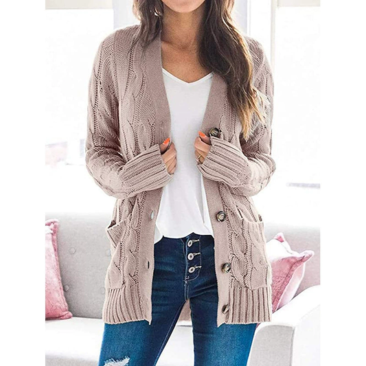 Women's Chunky Knit Polyester Relaxed Fit Long Sleeve White Cardigan Pink