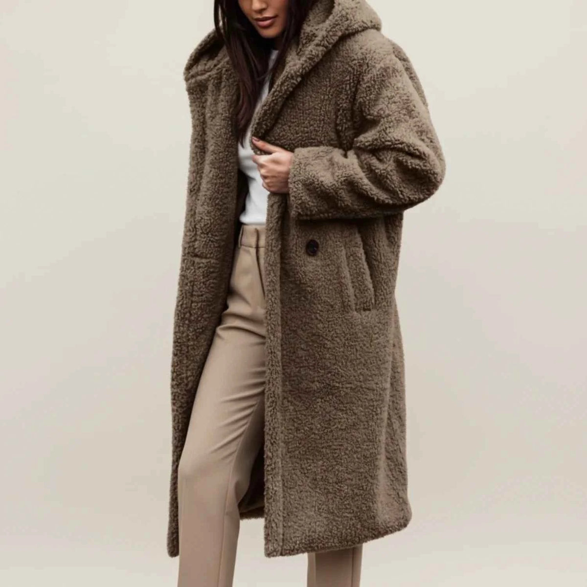 Women's Polyester Coat Relaxed Fit Pockets Green Winter Khaki