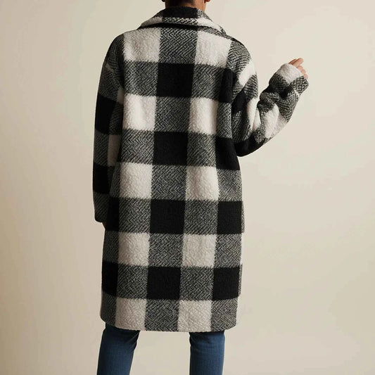 Women's Plaid Chest Pockets Longline Winter Overcoat Jacket