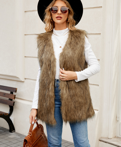 Women's Faux Fur Sleeveless Open Front Solid Grey Winter Vest Khaki