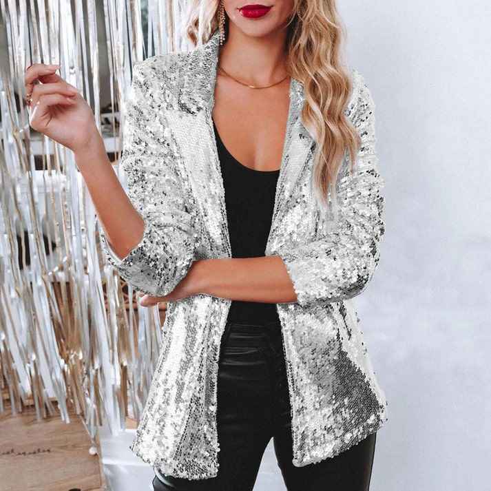 Women's Luxury Sequin Blazer for Any Occasion Silver Black Silver